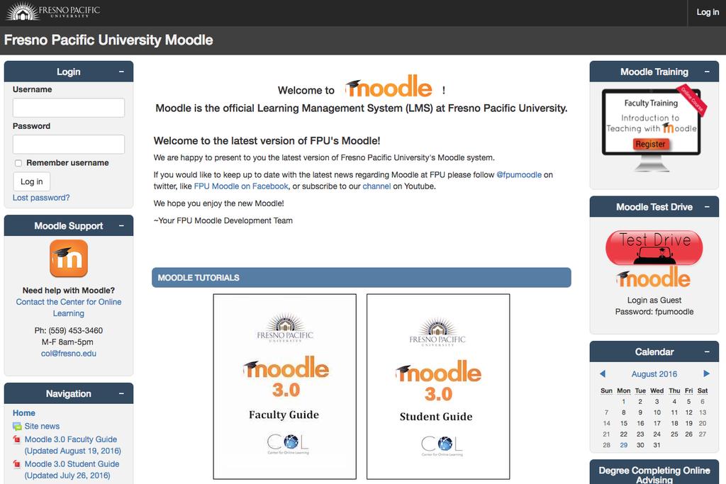 Logging into Moodle To login to Moodle open a Firefox or Google Chrome web browser and 1. Navigate to http://learning.fresno.edu/ or http://moodledev.fresno.edu 2.