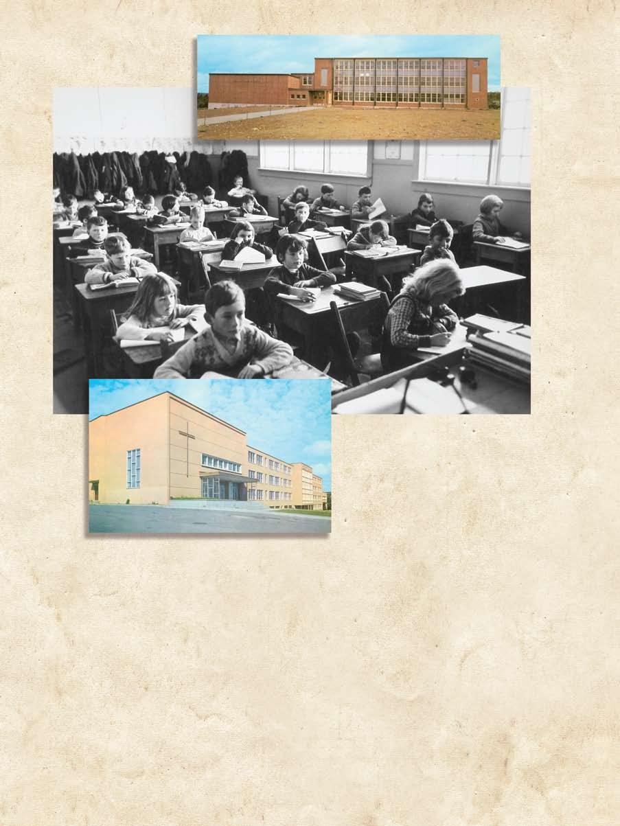 6.55 In the first 20 years of Confederation, over a thousand new schools were built in Newfoundland and Labrador. (top) Grand Falls Academy, c. 1966; (middle) a classroom scene in Burgeo, c.