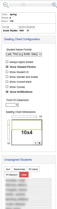 This is the main TeacherVue screen (default view is the seating chart). Configuration Options The slider controls the size of the photos displayed in the seating chart.