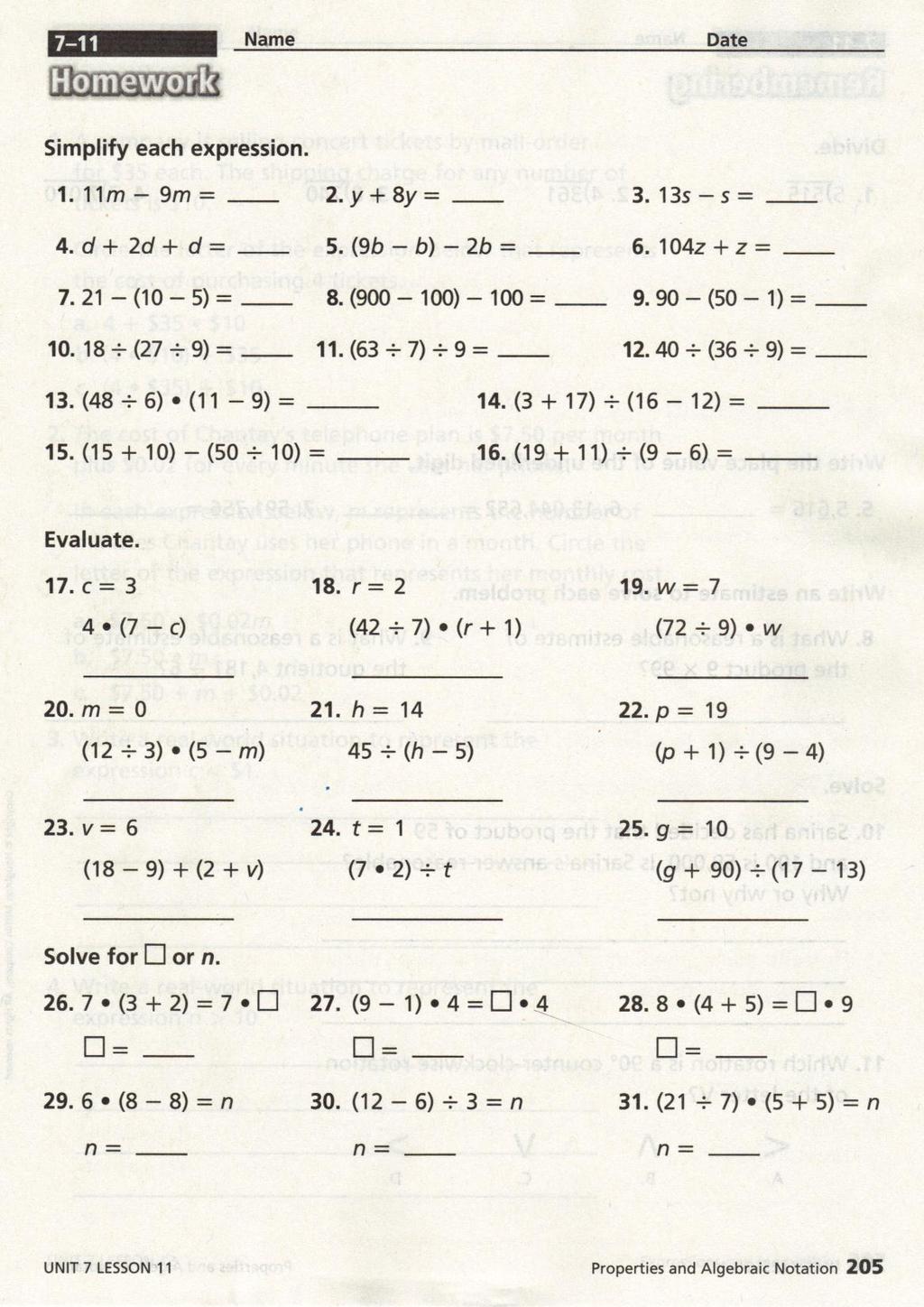 4 th Grade Homework: Algebraic Properties & Notation 4 th Grade