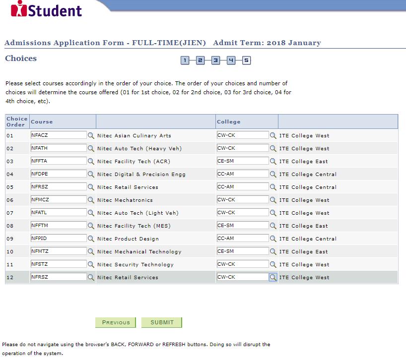 Online Application Screenshots (Using 2-Year Nitec Courses as Sample) Step 4: Enter your choices in order of preference.