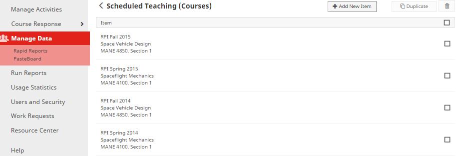 Screenshot of the Teaching section of the Manage Activities screen. Click Scheduled Teaching (Courses). The top level of Scheduled Teaching. Note the Add New Item, Duplicate, and Delete buttons.