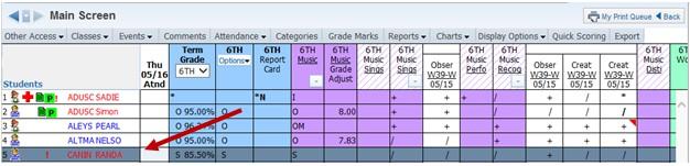 Dropped Students: Displays dropped student(s) in the Gradebook. The names will display with a colored background.