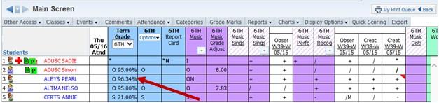 Show Term Grade Column in a fixed location on Gradebook screen: Displays a fixed grade column next to the student names on the Gradebook Main screen.