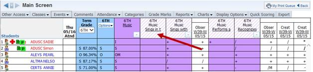 Term, Subject, Skill Expanded View Sample above of the expanded view of the Subject/Skills on the Gradebook Main screen.
