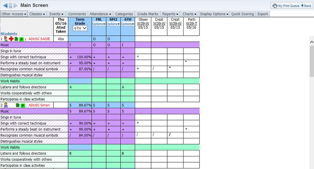 This option rotates the Gradebook Main screen. The subjects and skills will display beneath the student s name.