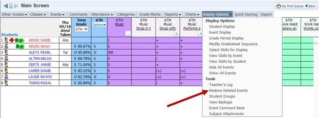 Restore Deleted Events allows you to view a listing of all deleted events for the selected class.