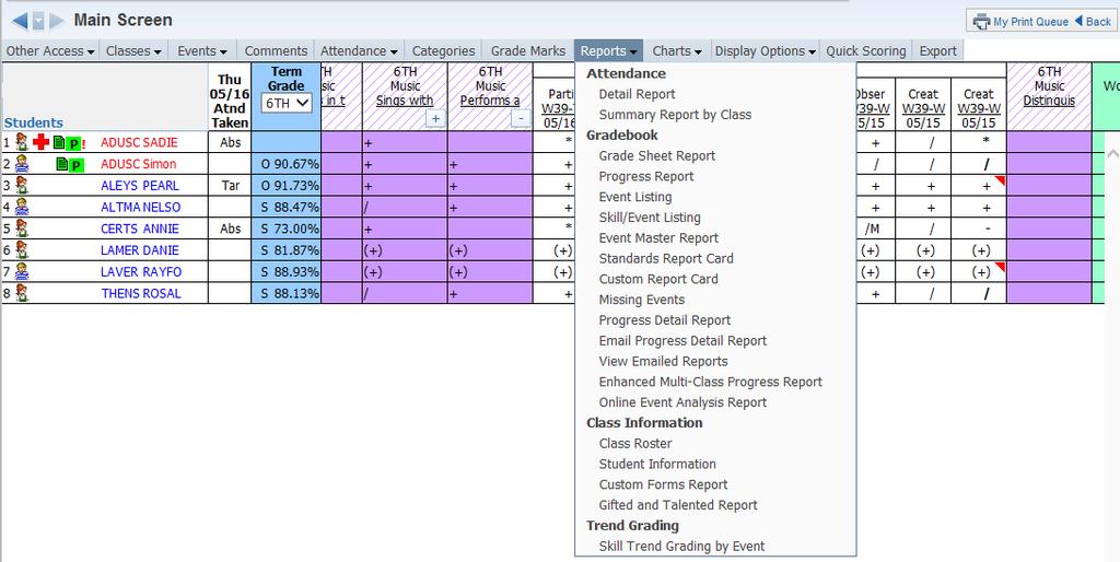 Reports Attendance Detail Report Summary Report by Class Gradebook Grade Sheet Report Progress Report Event Listing Skill/Event Listing Event Master Report Standards Report Card Custom Report Card