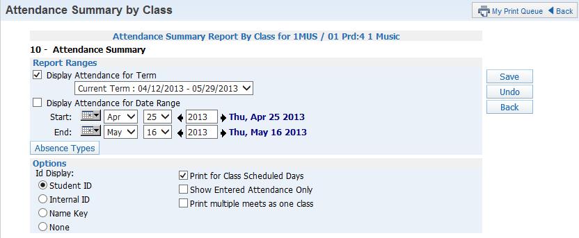 Summary Report by Class The Summary Report by Class shows an attendance breakdown by weeks for students in your class.