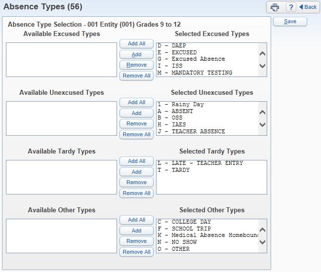 Absence Types: Verify the absence types you want to print on the report. The default selection is All absence types. Options ID Display: Student ID ID set up by the district.