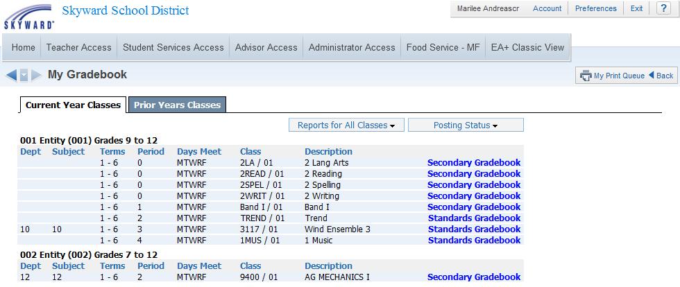 This is the My Gradebook screen. From this screen, you are able to access all of your current classes Gradebooks along with those from any past years during which you used the Skyward software.