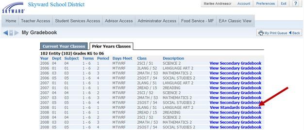 Prior Years Classes From this tab, you can see any Gradebooks from past school years.