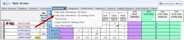 Attendance - By Seating Chart Select Take Daily Attendance - By Seating Chart from the Attendance tab. All students default to Present. Select either Absent or Tardy as appropriate for a student.