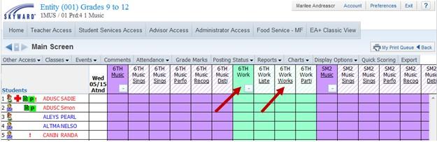 This is the Gradebook Main screen. From this screen, you can see the students, the events and students grades for the class, and you can maintain the events and grades as well.