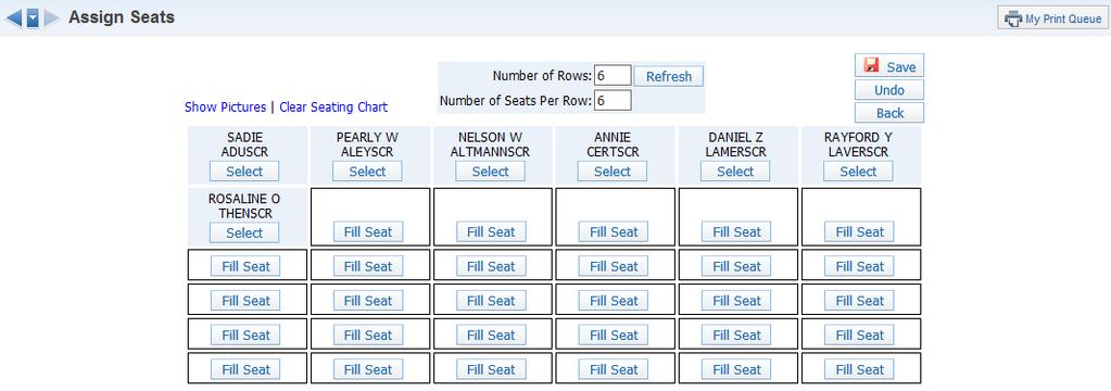 Attendance - Assign Seats for Seating Chart Select Assign Seats for Seating Chart under the Attendance tab. The screen displays a chart.