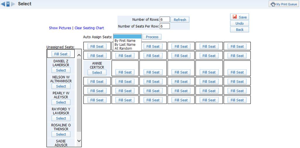 Clear Seating: Clears the seating chart and allows you to start from scratch.
