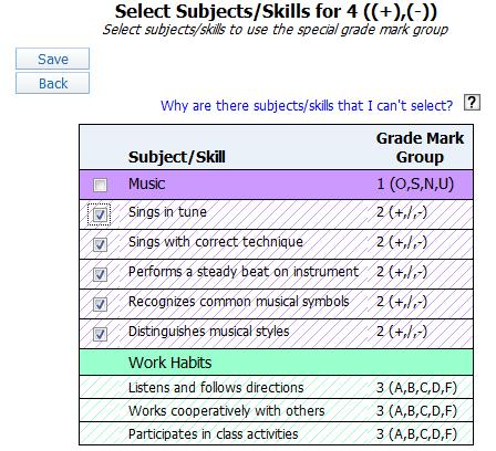 Select Subject/Skills: You can use this button to select the different Subjects/Skills that you would like to use with this Special Grade Mark Group.