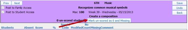 Missing: You can use Missing to indicate that the event has not been turned in yet. By using Missing, the event doesn t count against the student s grade.