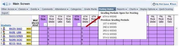 Gradebook screen, except this displays only the individual class.
