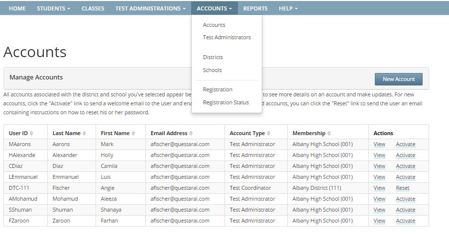 Accounts DTC / DLU view, activate or reset accounts in all schools in their district STC / BLU view, activate or reset
