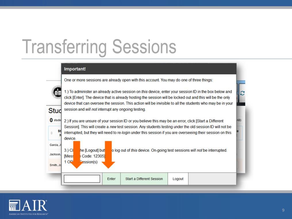 In the event that you have problems with your computer or web browser or need to change computers during an active test session, you can transfer the session from one computer, mobile device, or