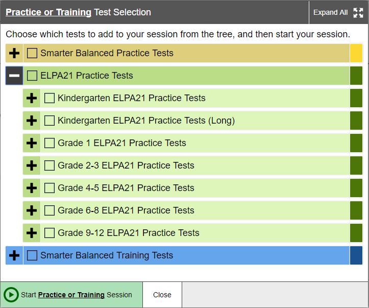7. When you are ready to begin a test session. a. In the Practice or Training Test Selection window, select the test to administer. b. Click Start Practice or Training Session button.