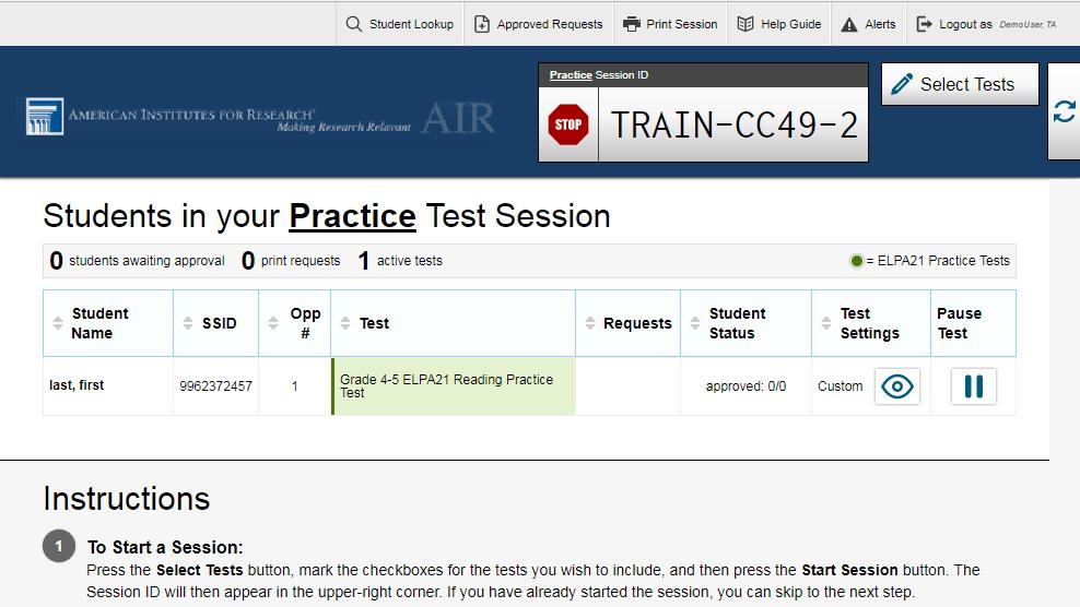 11. Monitor students progress throughout testing. Students test statuses appear in the Students in Your Practice or Training Test Session table.