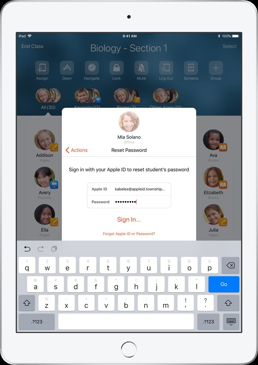Reset student passwords. If your school is using Managed Apple IDs, you can use the Classroom app to reset a student s Managed Apple ID password. Tap the student name and select Password.