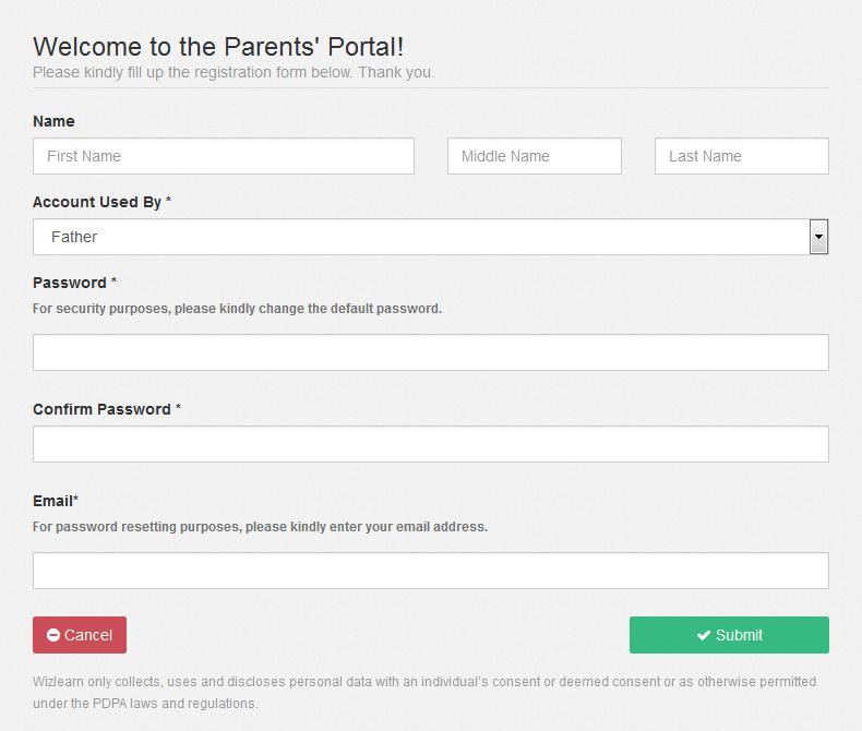 New User Registration 1.1 New User Registration If this is your first visit to the Parents Portal, you will be directed to the registration page as shown below.
