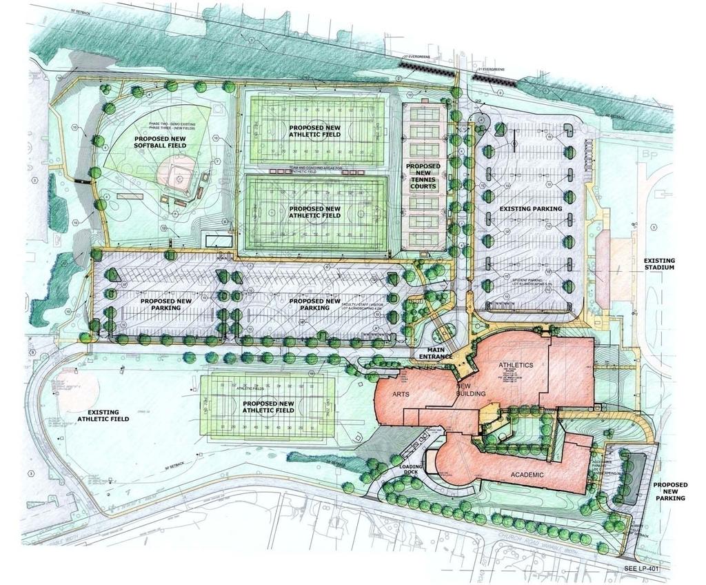 Once the new high school is constructed, the current campus will be demolished and replaced with new athletic fields and parking lots.