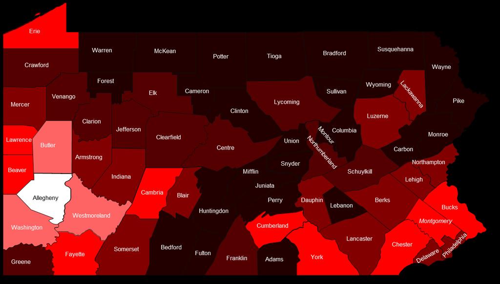 Pennsylvania County Enrollment Map Semester 2017