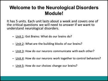 Welcome to the Neurological Disorders Module! Use this slide to give the students an overview of this module on Neurological Disorders.