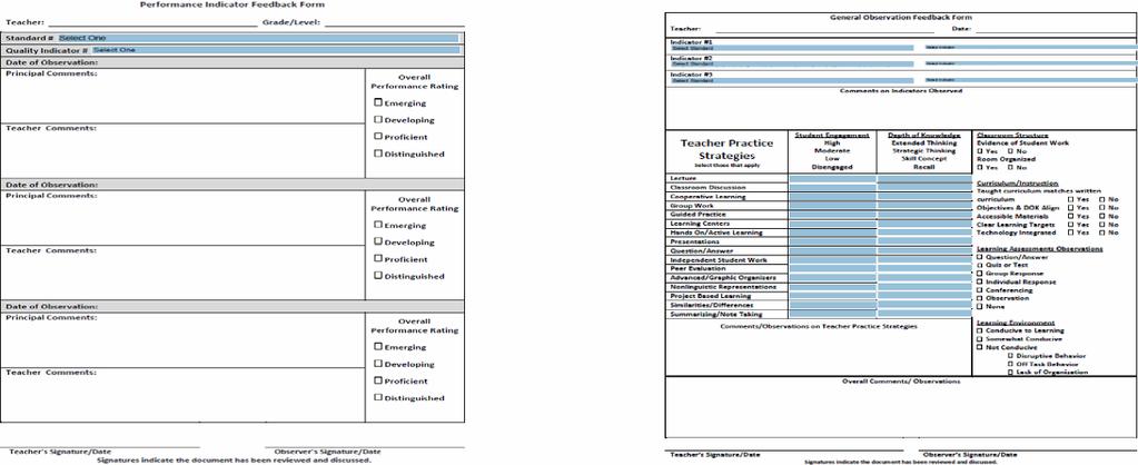 The Performance Indicator Feedback Form (shown on left) provides documentation of the progression of feedback offered on the selected indicators (district AND building OR teacher selected during STEP