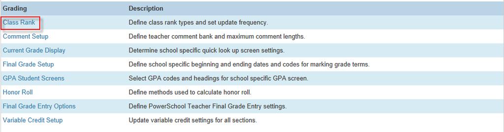 2. From the School Setup screen, click on Class Rank. 3. From the Class Rank Settings screen, click on Class Rank Methods. 4.