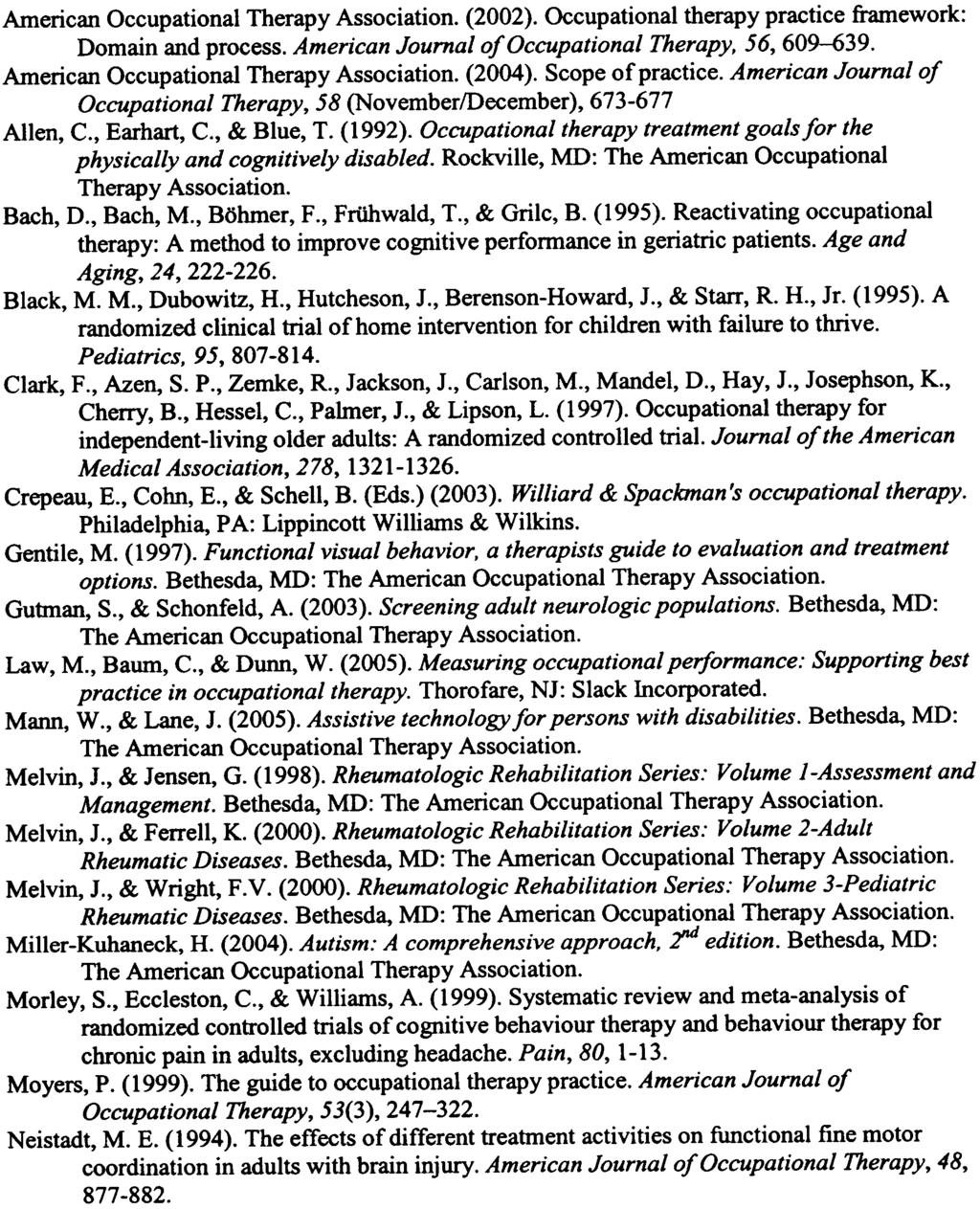 Suggested reference list illuminating the scope of Occupational Therapy American Occupational Therapy Association. (2002). Occupational therapy practice framework: Domain and process.
