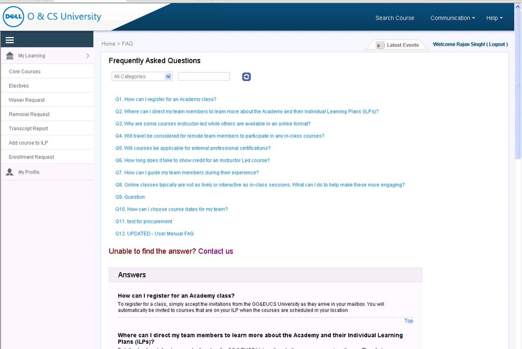 Figure 58: FAQ The The 'Frequently Asked Questions' page lists questions along with their answers for quick