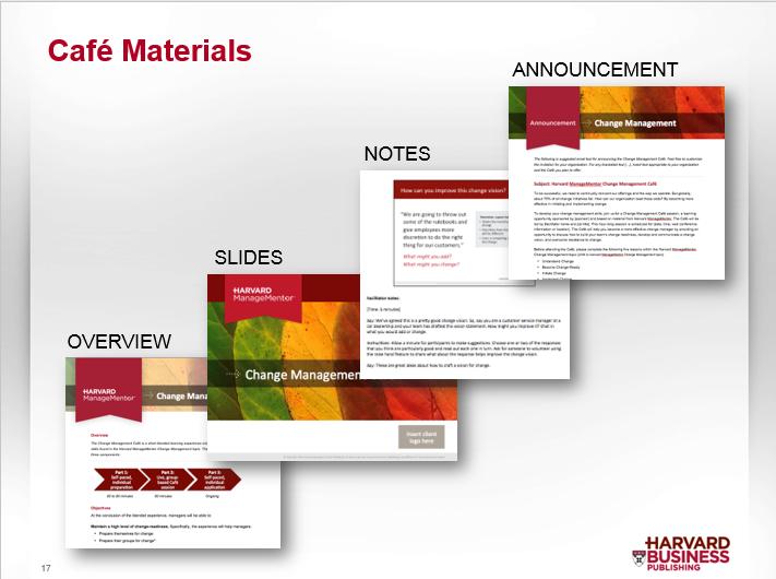 MATERIALS Materials fr each Harvard ManageMentr Café include an verview, a set f presentatin slides with facilitatr ntes, and an annuncement.