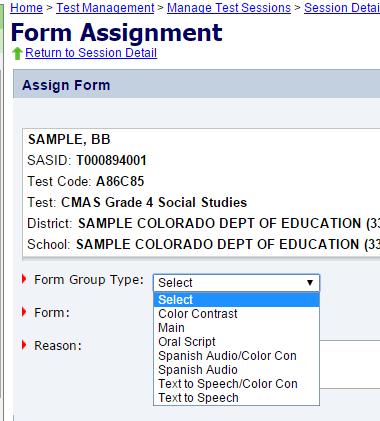4. On the Form Assignment screen, select the appropriate special Form Group Type from the drop-down menu.