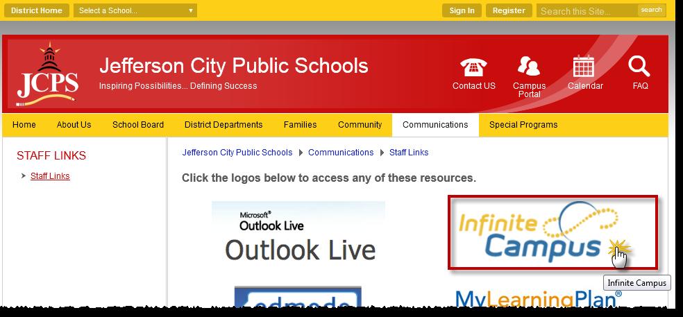 Click on the Infinite Campus Logo on the right side of the screen. Direct URL: Type http://ic.jcps.k12.mo.