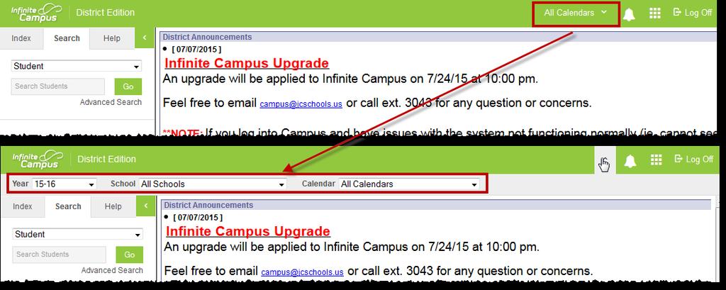 Year/School/Calendar Options The Year/School/Calendar tool bar will sometimes be collapsed in the header. Please be aware of what calendar you are pulling data from.