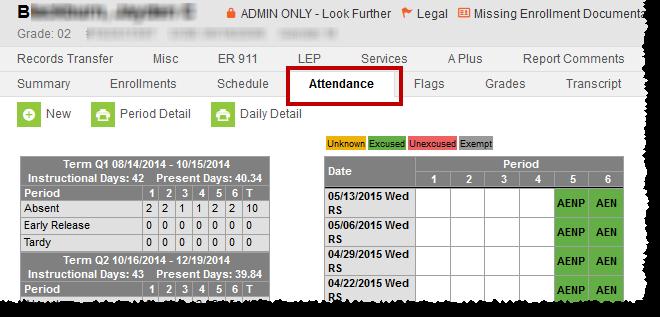 The Attendance Tab will display a record for each day the student has an attendance code listed