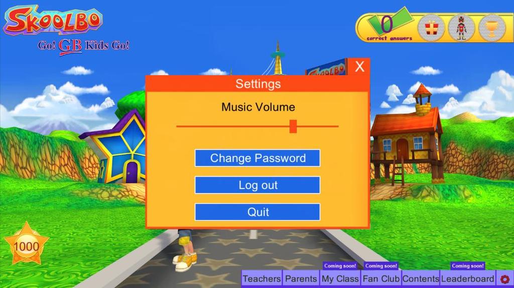 4.7 Settings Settings (the red cog) at the bottom right of the Skoolbo screen can be used to change volume levels etc.