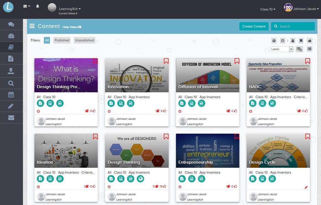 LMS content dashboard displays units of study with multiple views.
