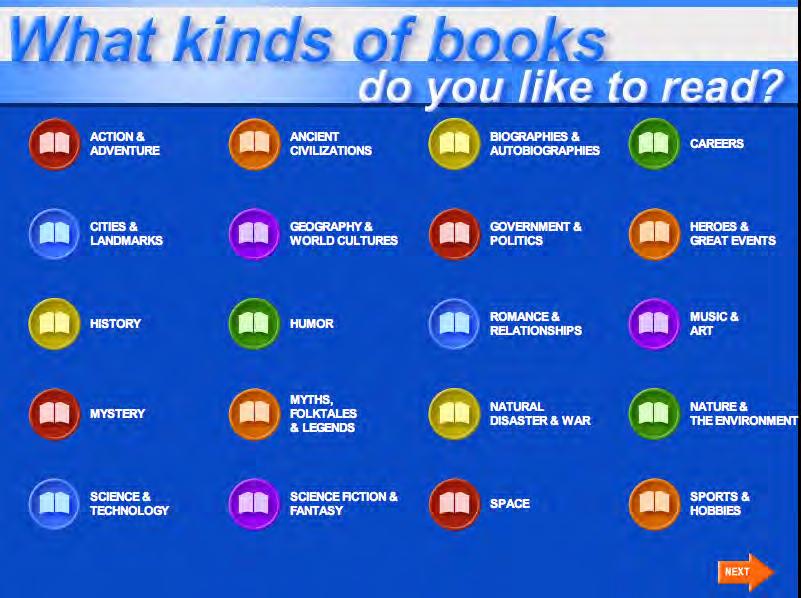 The Book Interest Screen If students SRI program settings in SAM have been set to enable the Book Interest Screen, students may view the screen and select which types of books they like to read prior