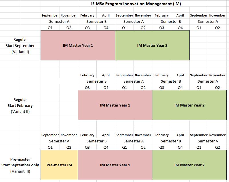 Basic Roster Structure of the IE MSc IM, Start Sept / Febr Variant I: Start Master in September; Variant