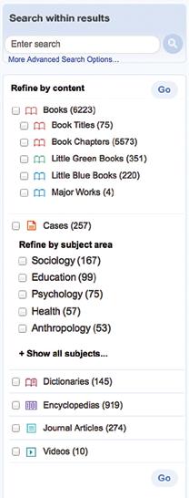 In the search results, icons next to the titles will tell you what type of content the entry is (Book, Book Chapter, Case, etc.).