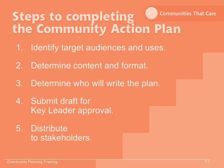 Module 7 Slide 7-7 Objective 1: Explain the purposes of the Community Action Plan. These are the steps to completing the plan. Review each item as you click it onto the screen.