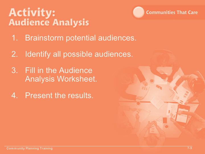 Module 79 Slide 7-9 Objective 2: Identify potential audiences and uses of the plan. You also need to consider the key messages you want to convey to your intended audiences.