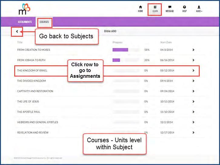 What you see on the Assignments page Actions you can do for units Several actions are available for units: Click the right arrow or click anywhere on a row to see a list of assignments in that unit.