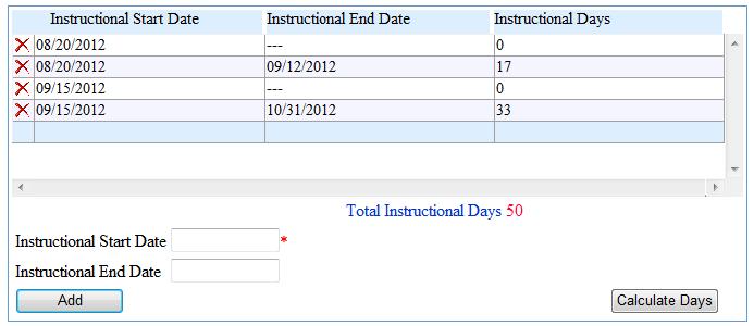 Then click the Add Figure 6: Instructional Days Section button, the date interval record will appear in the instruction date grid, therefore allowing the system to capture the information during the